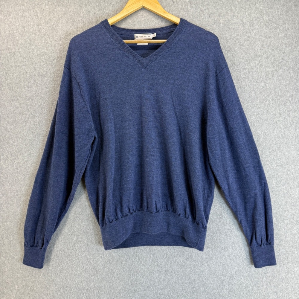 Peter Millar VNeck Pullover Sweater Long Sleeve Blue Merino Wool Mens Size Large